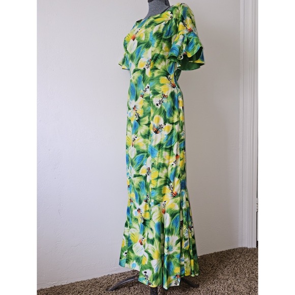 Vintage 50s 60s Kamehameha Hawaiian Mermaid Maxi Dress with Flutter Sleeves Sz S - Picture 4 of 16